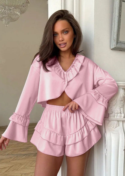 Long Sleeve Top and Shorts Set With Ruffle Trim