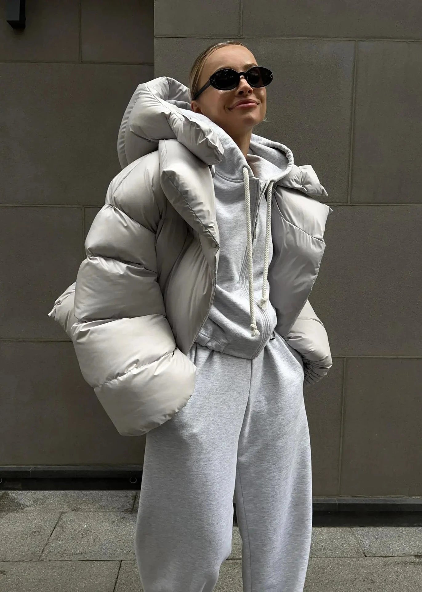 Oversized Cotton Padded Puffer Coat Gray