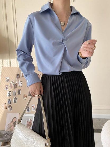 Long Sleeves Knot Pleated Solid Color Split-Joint Lapel Blouses&Shirts Tops
