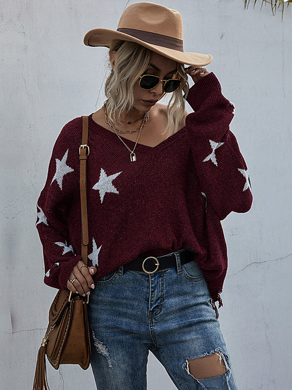 Casual Loose Patchwork V-Neck Sweater Top