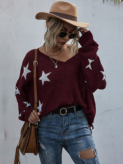 Casual Loose Patchwork V-Neck Sweater Top