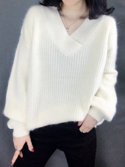 Loose Long Sleeves Solid Color V-Neck Sweater Tops
