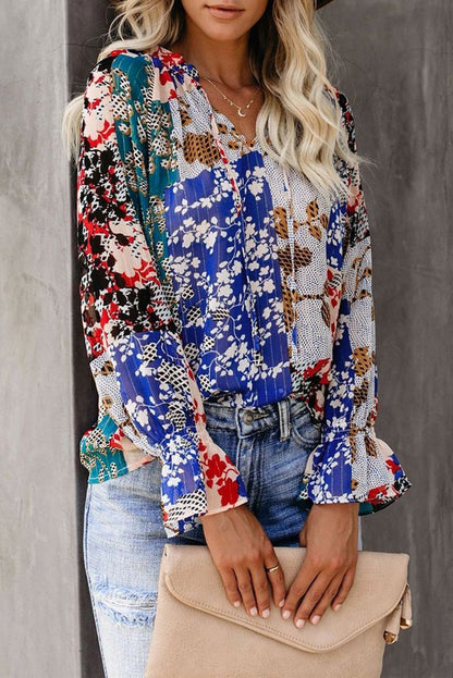 Summer Casual Loose Printing Long-Sleeved V-Neck Shirt