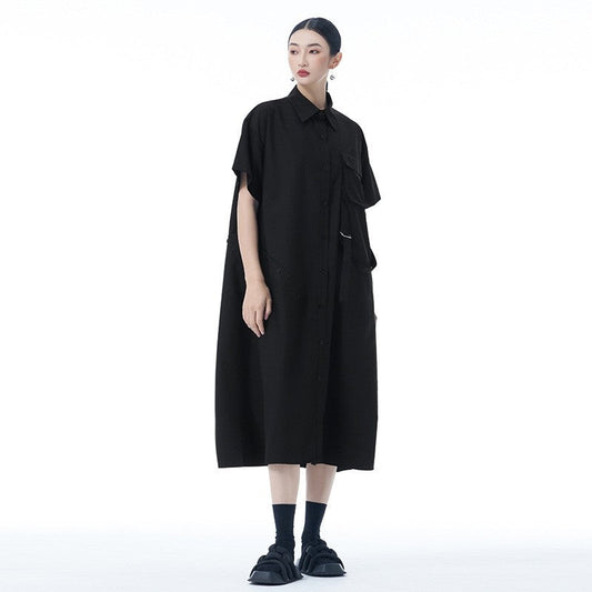 Simple Collar Pocket Shirt Dress Loose Sleeve