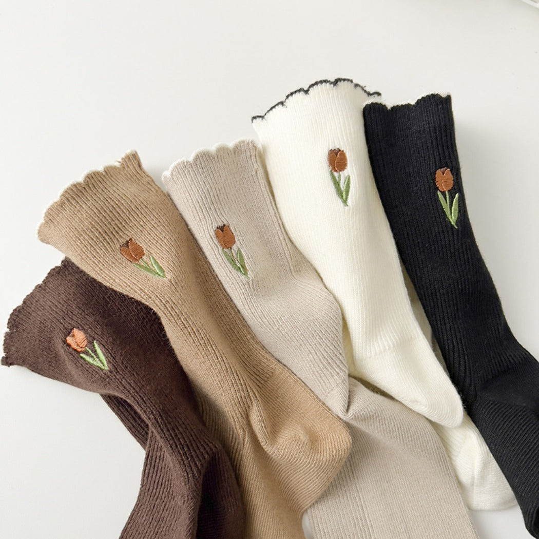 Rufia - Solid-Color Floral Tulip Socks - Sweet &amp; Classic