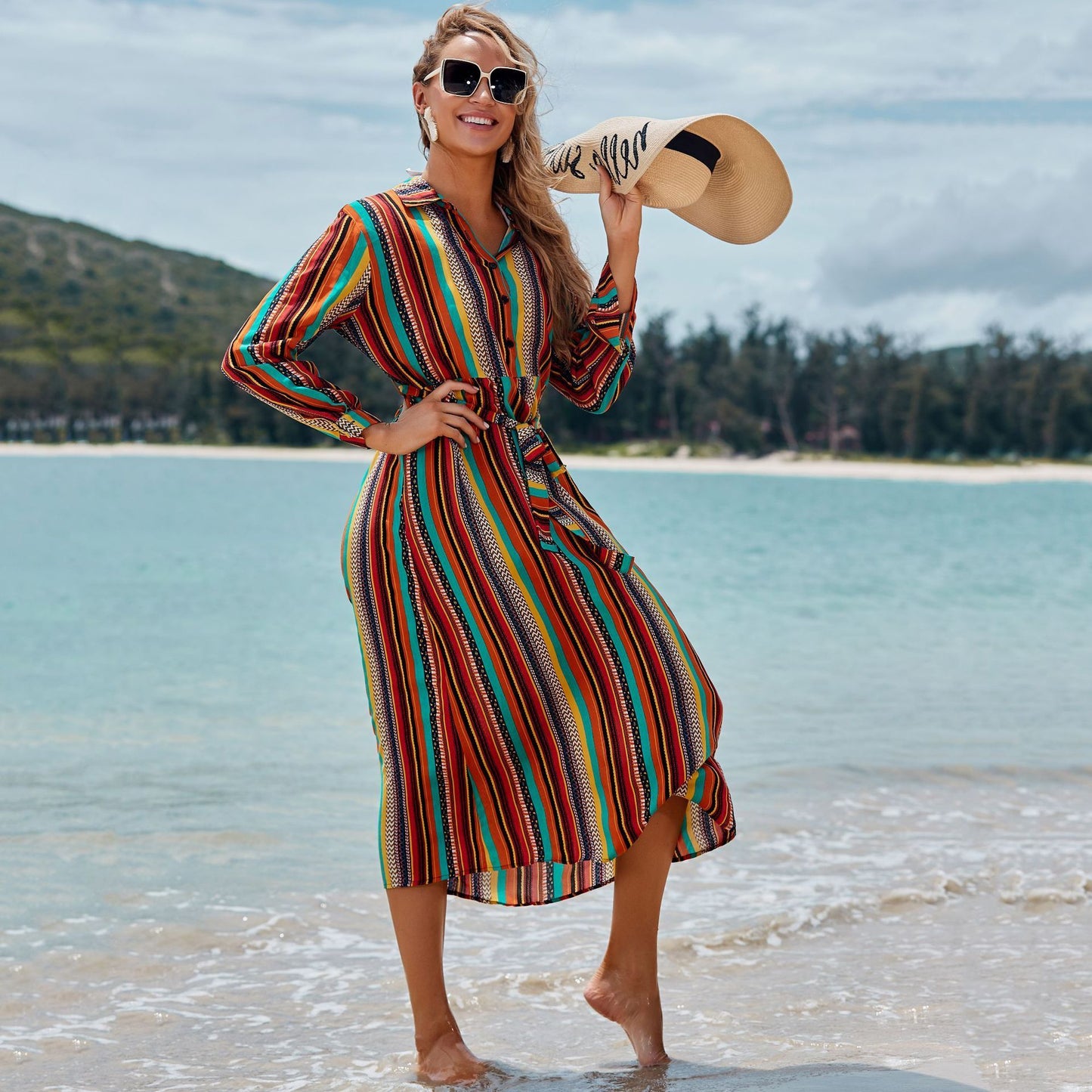 New Shirt Collar Color Strip Button Belt Beach Cover Up