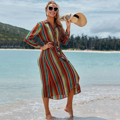 New Shirt Collar Color Strip Button Belt Beach Cover Up