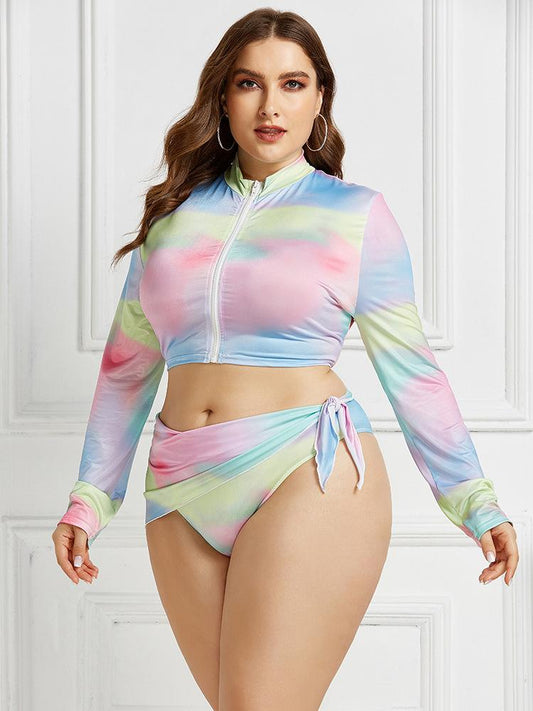 Conservative Printed Bikini Women'S Split Long Sleeve Swimsuit 3-Piece Tankini Set 910