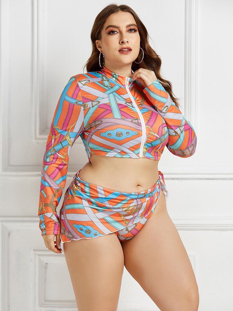 Conservative Printed Bikini Women'S Split Long Sleeve Swimsuit 3-Piece Tankini Set 910