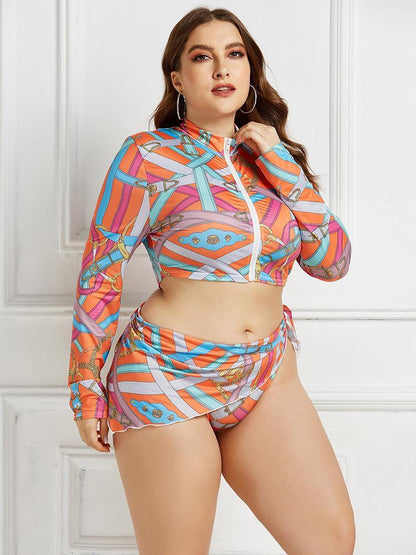 Conservative Printed Bikini Women'S Split Long Sleeve Swimsuit 3-Piece Tankini Set 910