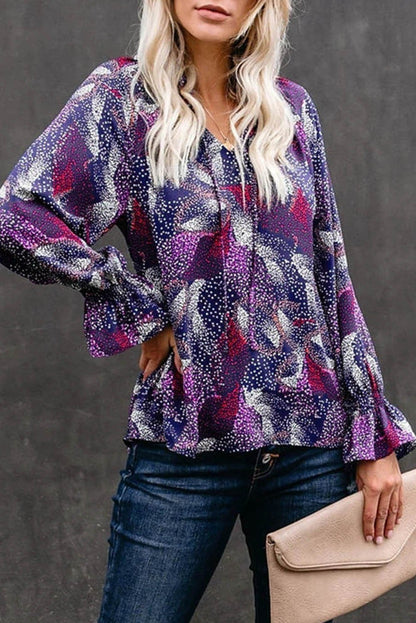 Summer Casual Loose Printing Long-Sleeved V-Neck Shirt