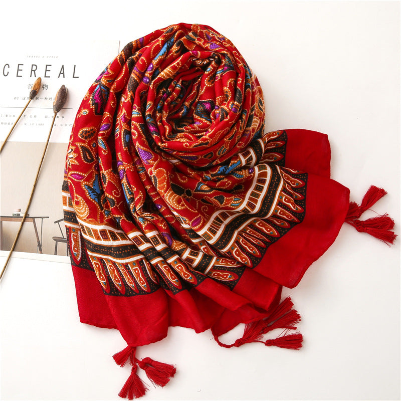 Ethnic Style Cotton Linen Scarf Tibet Grassland Bohemian Matching Silk Red Scarf
