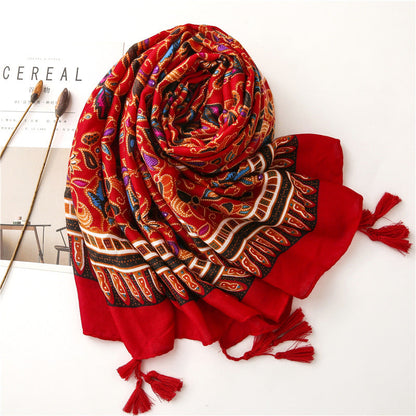 Ethnic Style Cotton Linen Scarf Tibet Grassland Bohemian Matching Silk Red Scarf