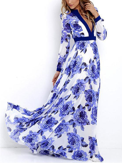 Floral Printed Deep V-Neck Long Sleeves Maxi Dress