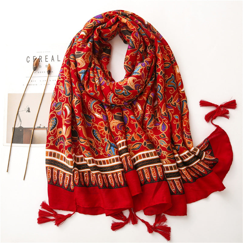Ethnic Style Cotton Linen Scarf Tibet Grassland Bohemian Matching Silk Red Scarf