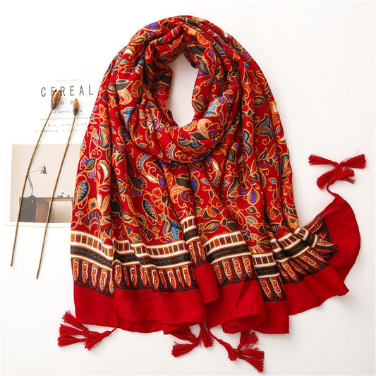 Ethnic Style Cotton Linen Scarf Tibet Grassland Bohemian Matching Silk Red Scarf