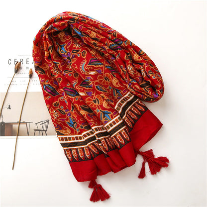 Ethnic Style Cotton Linen Scarf Tibet Grassland Bohemian Matching Silk Red Scarf