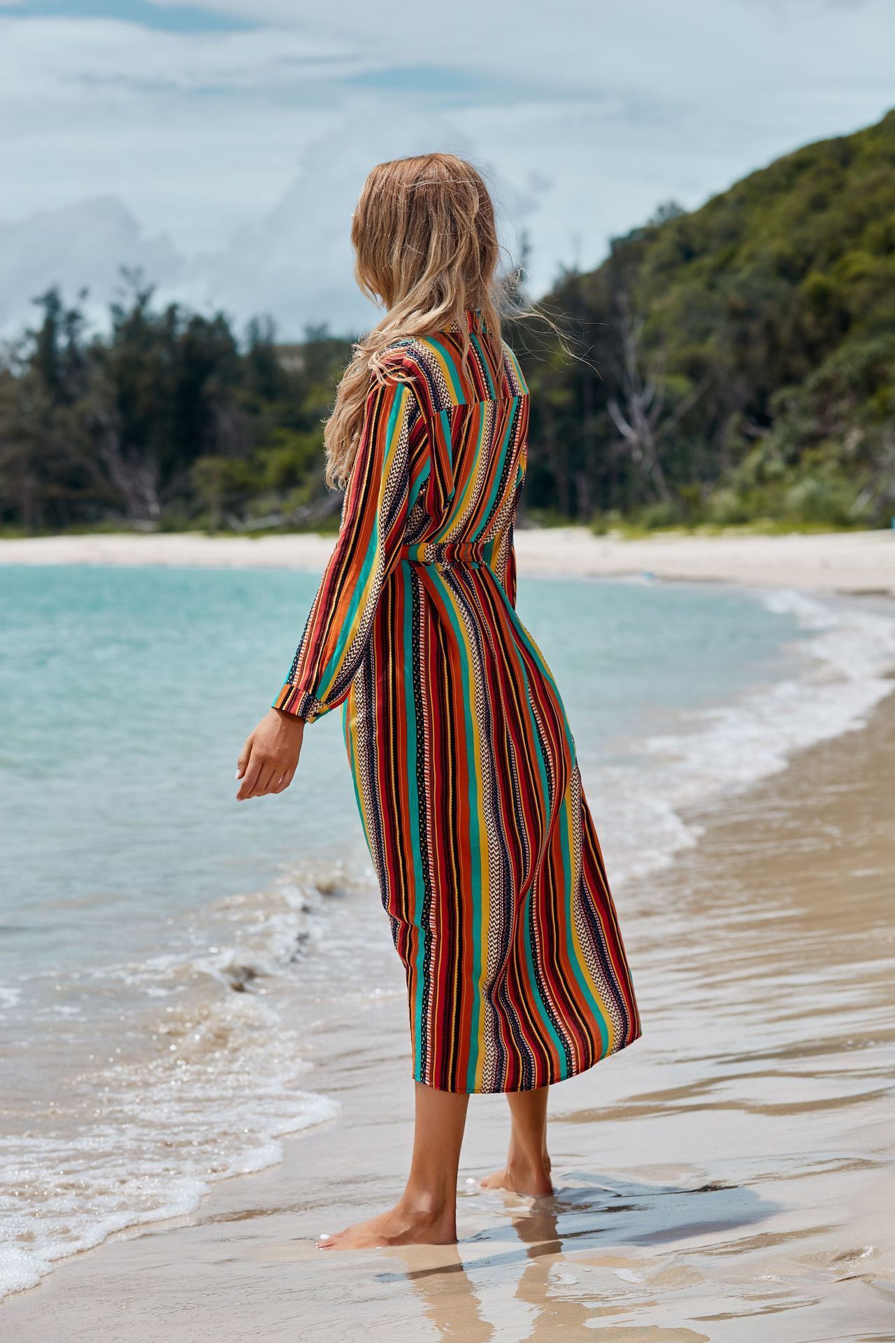 New Shirt Collar Color Strip Button Belt Beach Cover Up