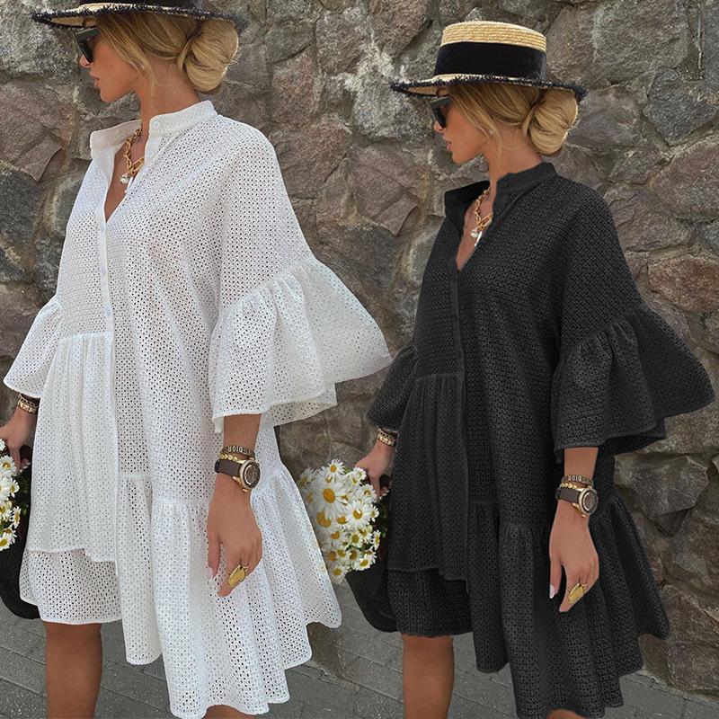 2021 Summer New Solid Color Stand Collar Irregular Large Size Straight Dress Female Fc992