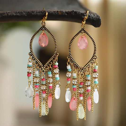 Antique Gold-Plated Long Fringed Earrings For Women Vintage Waterdrop Bohemian Chain Earrings