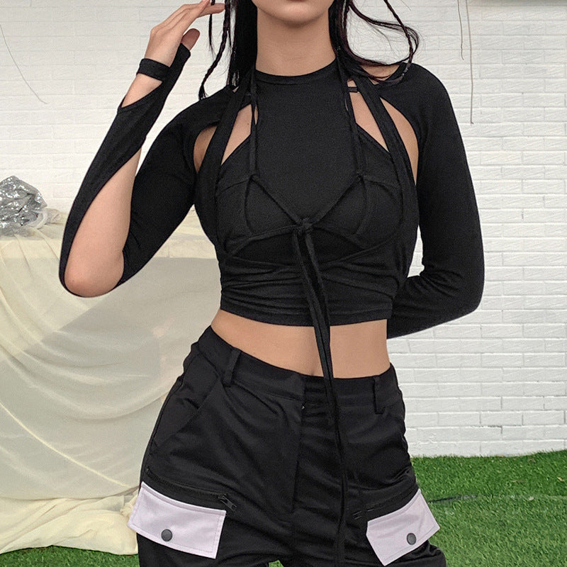 Long-Sleeved Personalized Hollow Tie Fake Two-Piece Slim T-Shirt