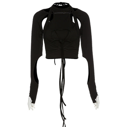 Long-Sleeved Personalized Hollow Tie Fake Two-Piece Slim T-Shirt