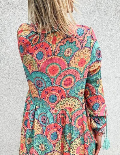 Sexy V-Neck Long-Sleeved Print Swing Dress