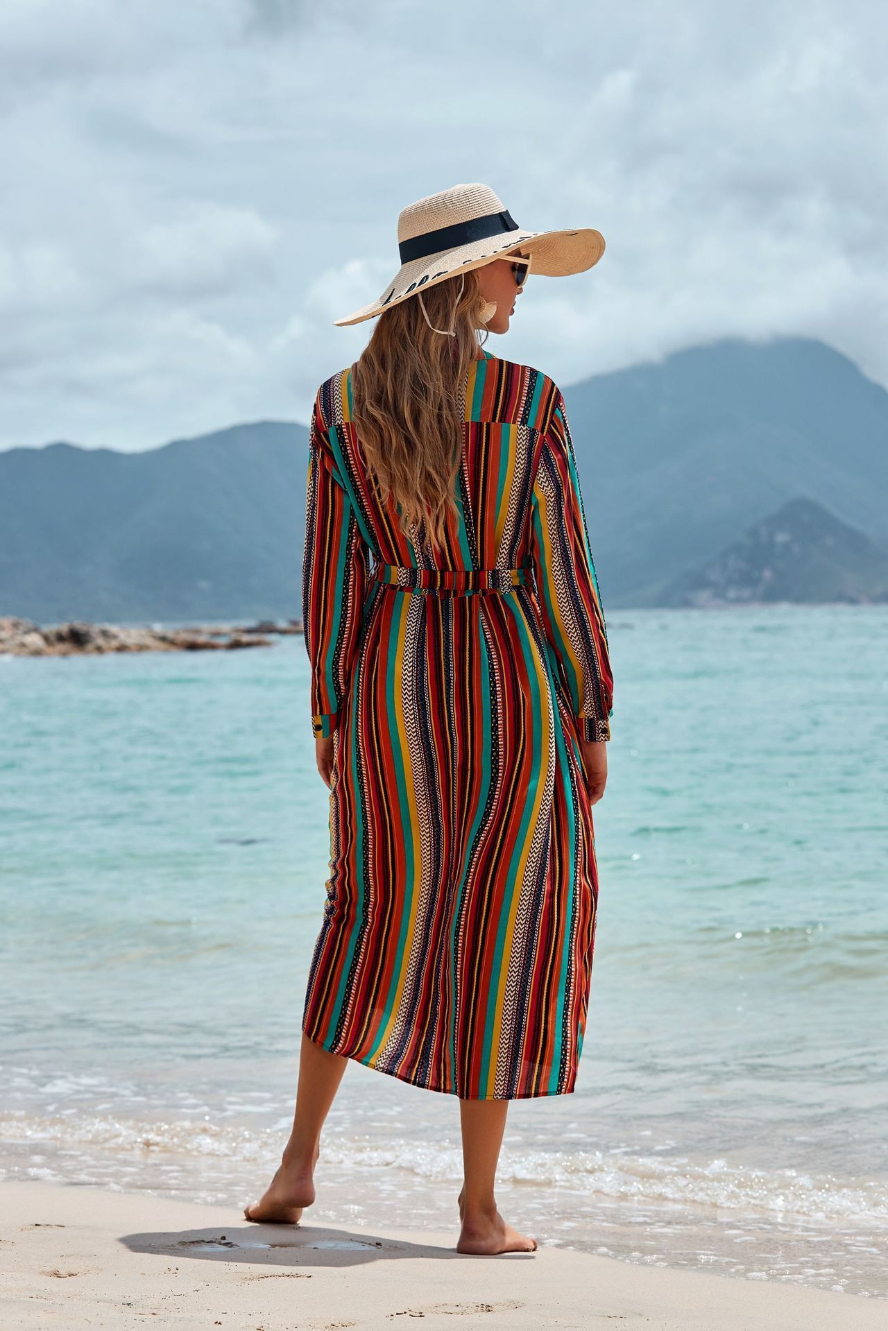New Shirt Collar Color Strip Button Belt Beach Cover Up