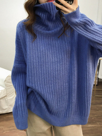 Casual Long Sleeves Loose Solid Color High-Neck Sweater Tops