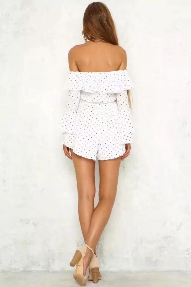 Polka Dot Off Shoulder Long Sleeve Jumpsuit Rompers