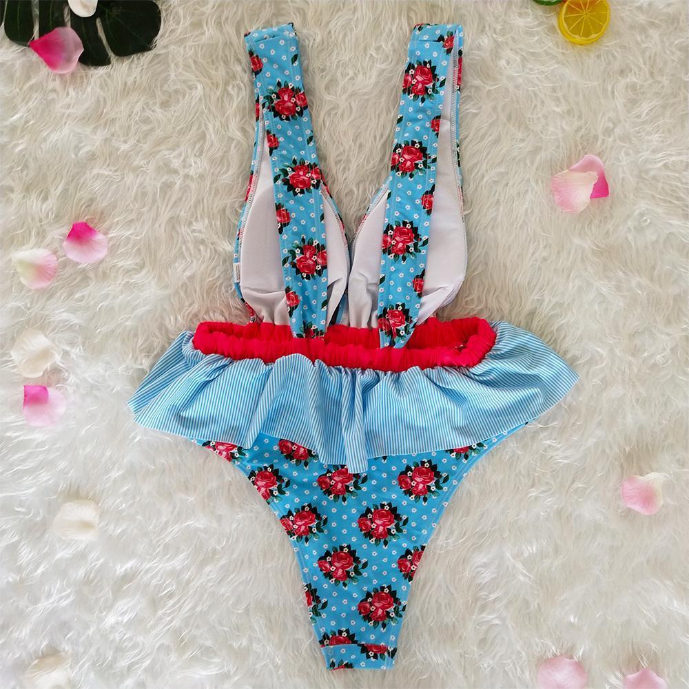 Ruffled Waist Print V-Neck Bow Ins Style One Piece Swimsuit