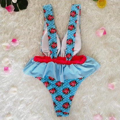 Ruffled Waist Print V-Neck Bow Ins Style One Piece Swimsuit