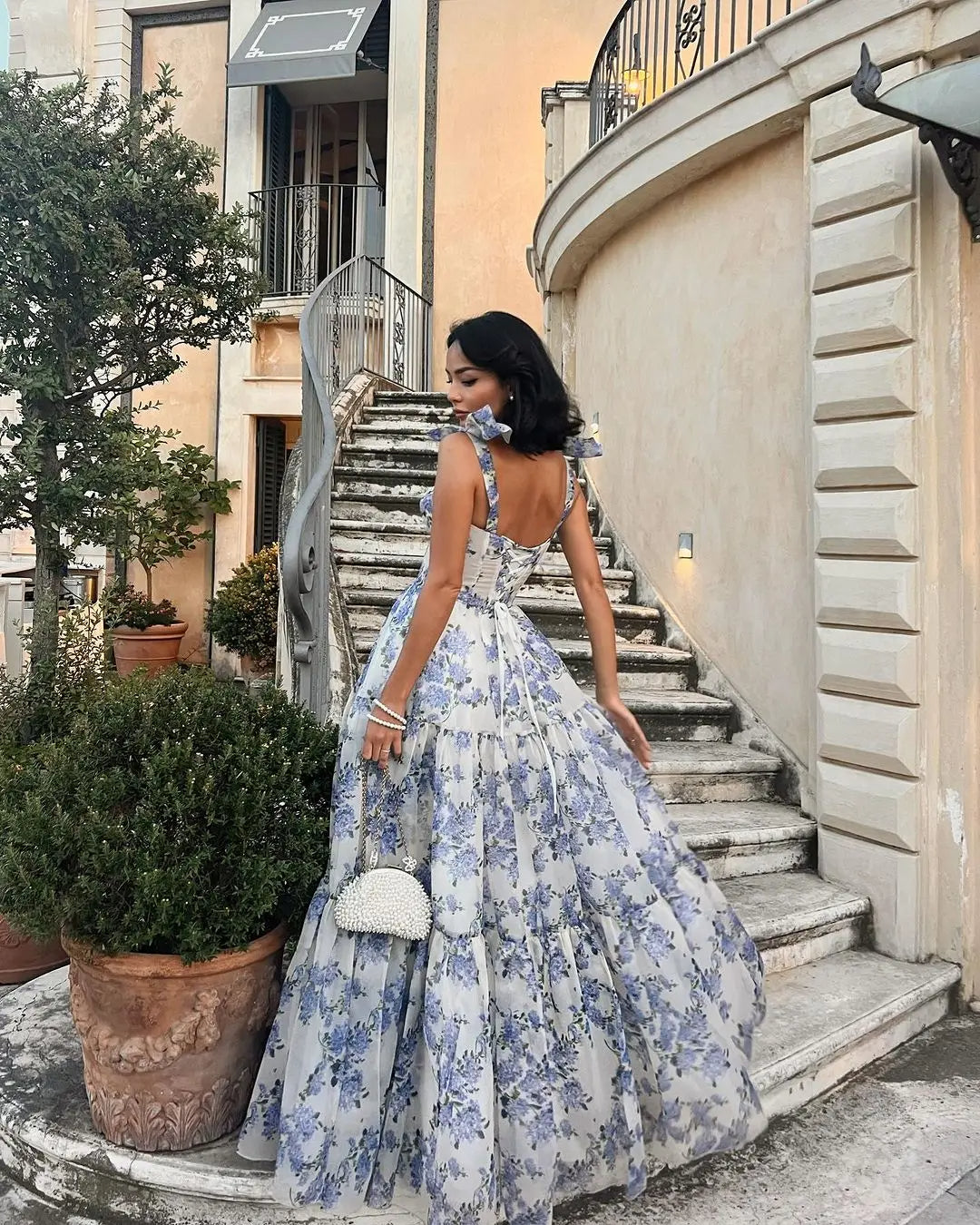 Floral Tie Strap Maxi Dress In Blue