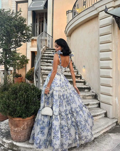 Floral Tie Strap Maxi Dress In Blue