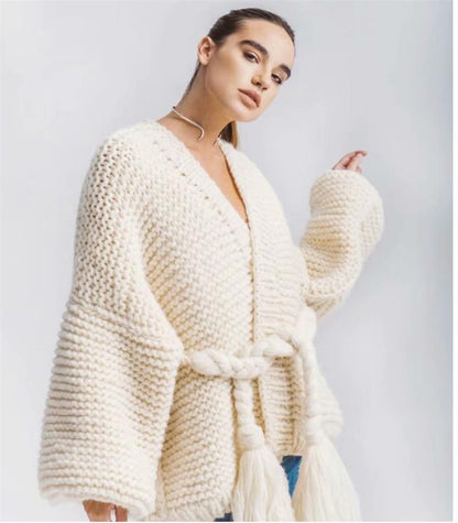 Knitting Loose Tassel Straps Long Sleeve Cardigan Sweater
