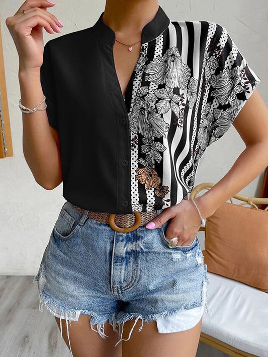 Loose Short Sleeves Buttoned Contrast Color Flower Print Striped V-Neck T-Shirts Tops
