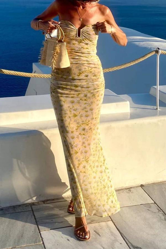 Santorini Sunset Delicate Floral Print Strapless Chiffon Maxi Dress