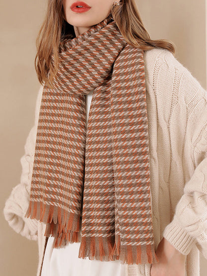 Fringed Houndstooth Keep Warm Shawl&Scarf