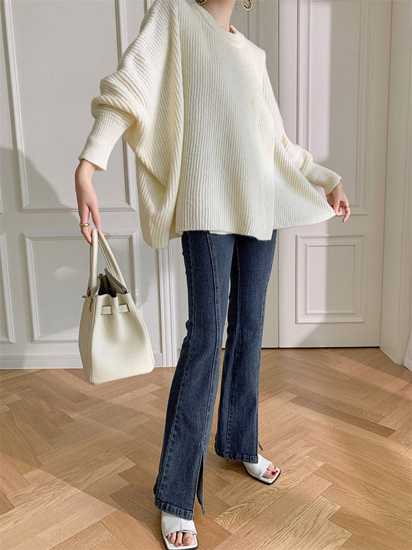 Irregularity Loose Solid Color Batwing Sleeves Round-Neck Sweater Tops