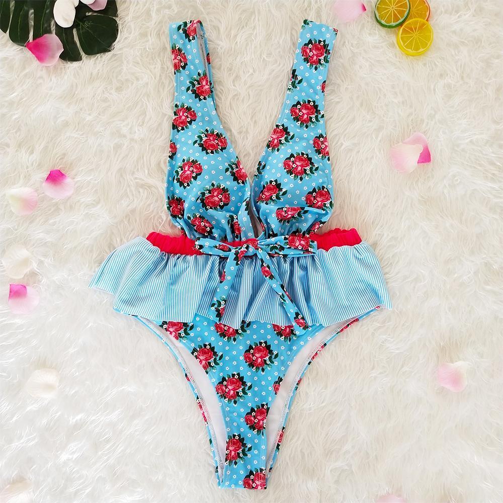 Ruffled Waist Print V-Neck Bow Ins Style One Piece Swimsuit