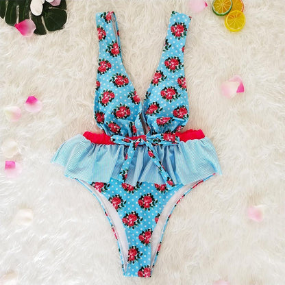 Ruffled Waist Print V-Neck Bow Ins Style One Piece Swimsuit