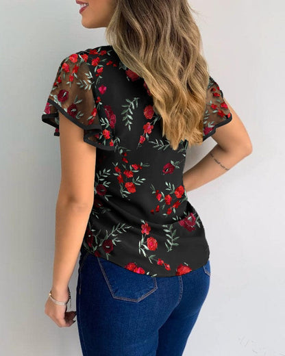 Popular Flower Embroidery Perspective Mesh Ruffle Sleeve Hollow Casual Top