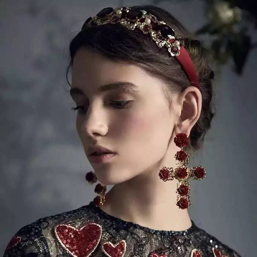 Fashionable Baroque Rose Flower Long Drop Earrings