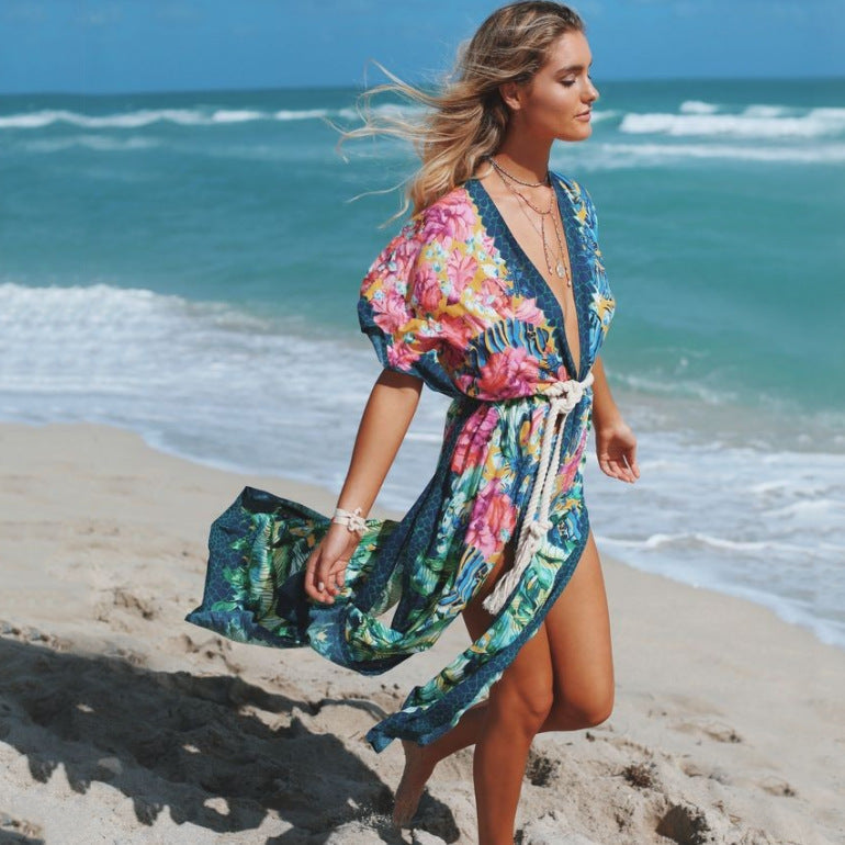 Polyester Green Printed Beach Blouse Sexy Cardigan Loose Sun Protection Bikini Blouse
