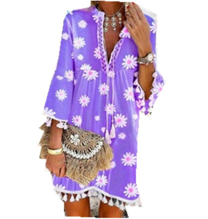 Summer New Style Printed Daisy Ruffled Fringed V-Neck Dress