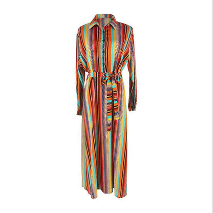 New Shirt Collar Color Strip Button Belt Beach Cover Up