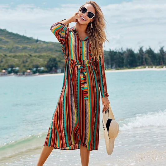 New Shirt Collar Color Strip Button Belt Beach Cover Up