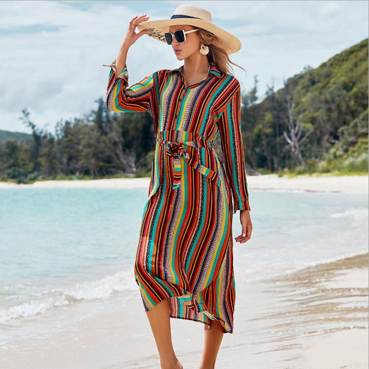 New Shirt Collar Color Strip Button Belt Beach Cover Up