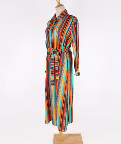 New Shirt Collar Color Strip Button Belt Beach Cover Up