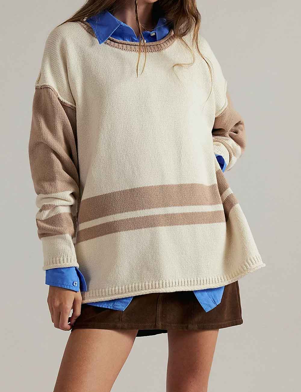 Color Block Round Neck Loose Sweater